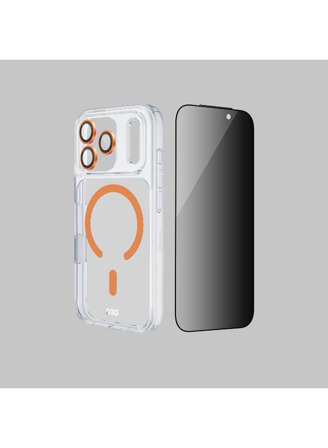 ارمور برو مجموعة D3O 3 في 1 مع زر الالتقاط (حامي شاشة مضاد للانعكاس للخصوصية وعدسة كاميرا DoubleAR وحافظة D3O شفافة مع MagSafe برتقالي) لجهاز iPhone 17 Pro - الخصوصية والمتانة في واحد - - Image 4