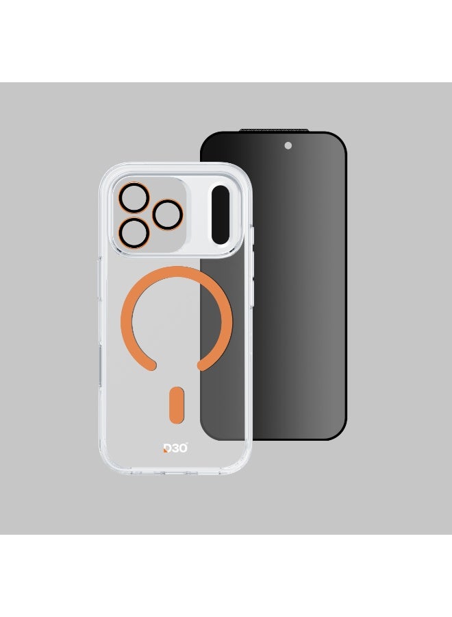 ارمور برو مجموعة D3O 3 في 1 مع زر الالتقاط (حامي شاشة مضاد للانعكاس للخصوصية وعدسة كاميرا DoubleAR وحافظة D3O شفافة مع MagSafe برتقالي) لجهاز iPhone 17 Pro - الخصوصية والمتانة في واحد - - Image 3