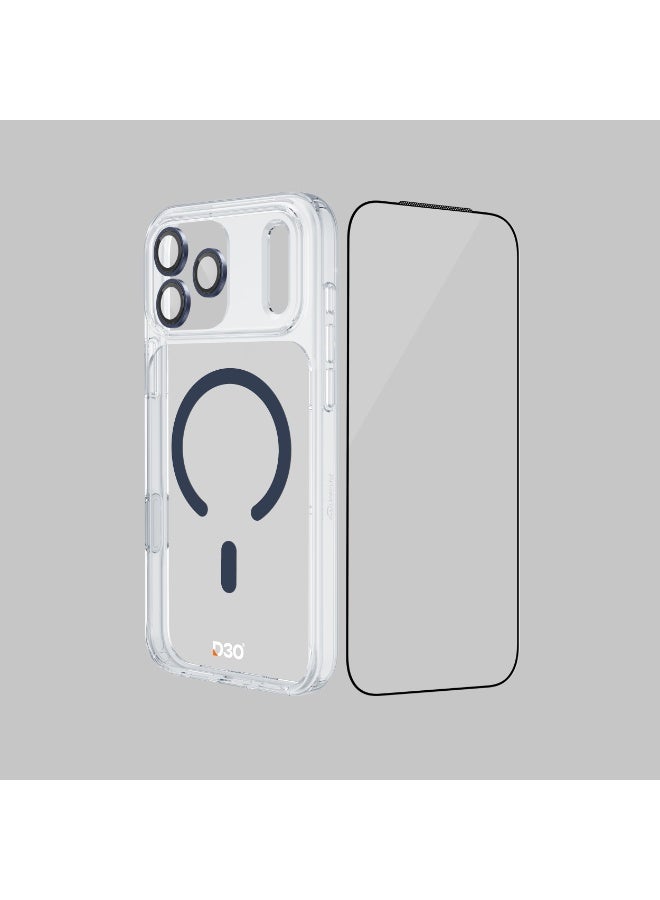 ارمور برو مجموعة D3O 3 في 1 مع زر الالتقاط (حامي شاشة HD مضاد للانعكاس وعدسة كاميرا DoubleAR وحافظة D3O شفافة مع MagSafe أزرق داكن) لجهاز iPhone 17 Pro Max - حماية متكاملة بتصميم فاخر - Image 3