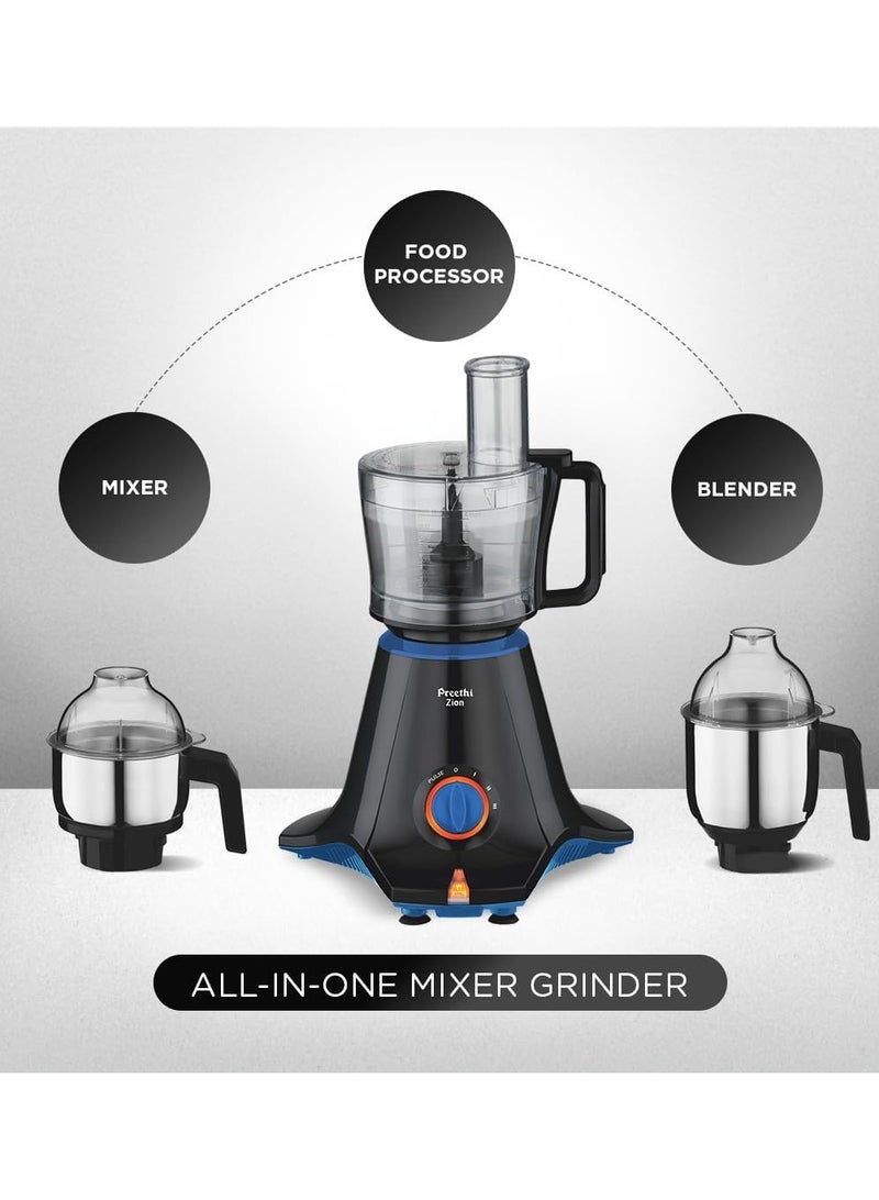 Preethi Zion Mixer Grinder for Kitchen - 4 Jars Mixie (3 Stainless Steel Jars+1 Master Chef Plus Food processor Jar), Flexi lids, Vega W5 motor 2.1 L 750 W MG227 black - Image 2