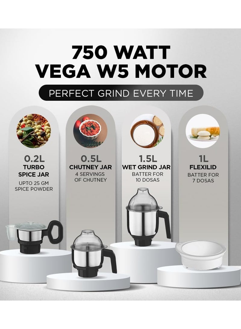 Preethi Zion Mixer Grinder for Kitchen - 4 Jars Mixie (3 Stainless Steel Jars+1 Master Chef Plus Food processor Jar), Flexi lids, Vega W5 motor 2.1 L 750 W MG227 black - Image 5