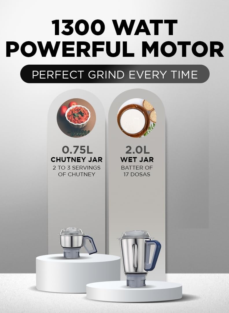 Preethi 1300-Watt Mixer Grinder Medium 2 L 1300 W Xpro Duo MG198 Deep Blue - Image 4