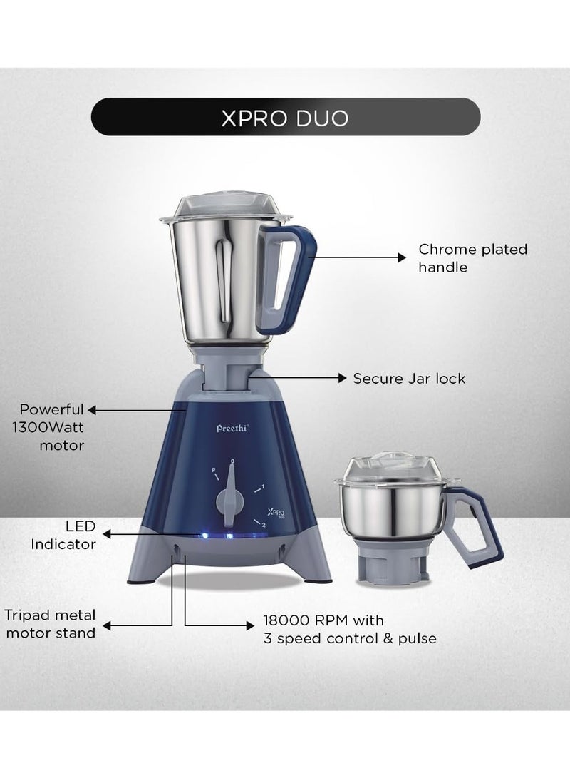 Preethi 1300-Watt Mixer Grinder Medium 2 L 1300 W Xpro Duo MG198 Deep Blue - Image 3