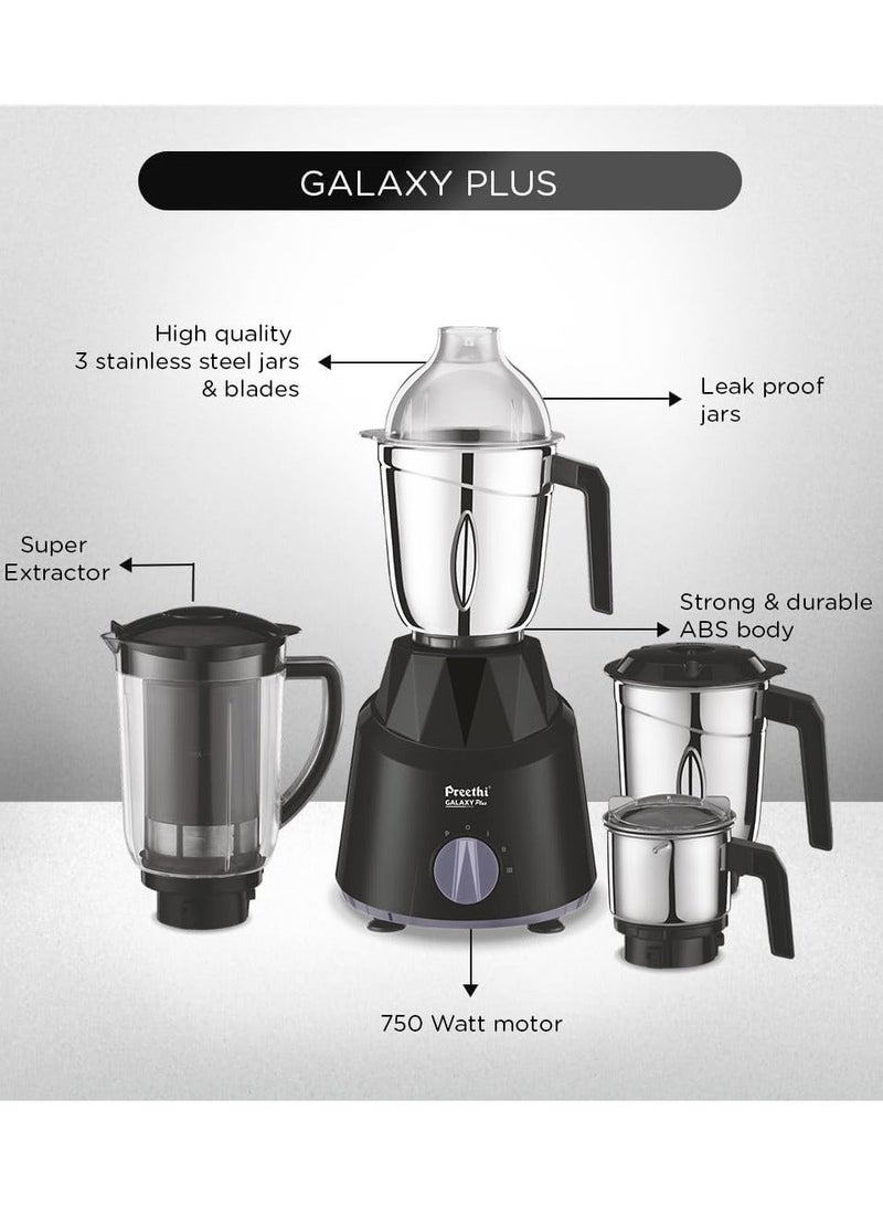 Preethi Galaxy Plus Mixer Grinder for Kitchen - 4 Jars Mixie (3 Stainless Steel Jars+1 Super Extractor Juicer Jar), Flexi lids, Vega W5 Motor 750 W MG250 Black - Image 4