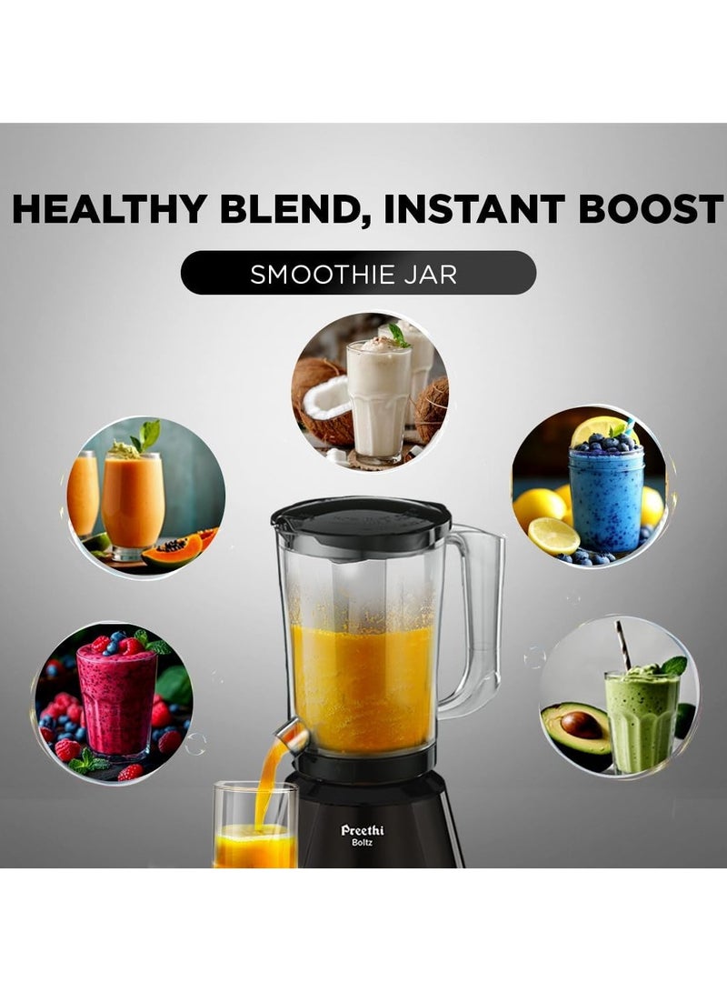Preethi Boltz Mixer Grinder for Kitchen | 4 Jars Mixie| 3 Stainless Steel Jar & 1 Blender Jar for Milkshake,Smoothie,Puree 1.5 L 1000 W MG288 Black - Image 2