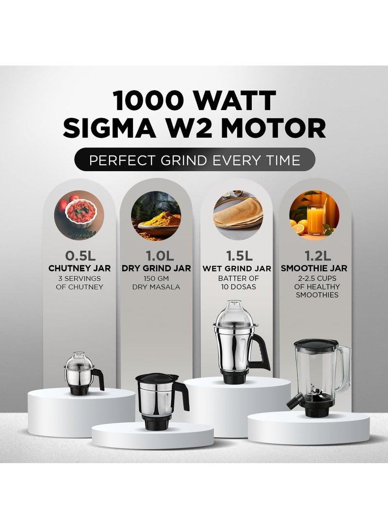 Preethi Boltz Mixer Grinder for Kitchen | 4 Jars Mixie| 3 Stainless Steel Jar & 1 Blender Jar for Milkshake,Smoothie,Puree 1.5 L 1000 W MG288 Black - Image 4