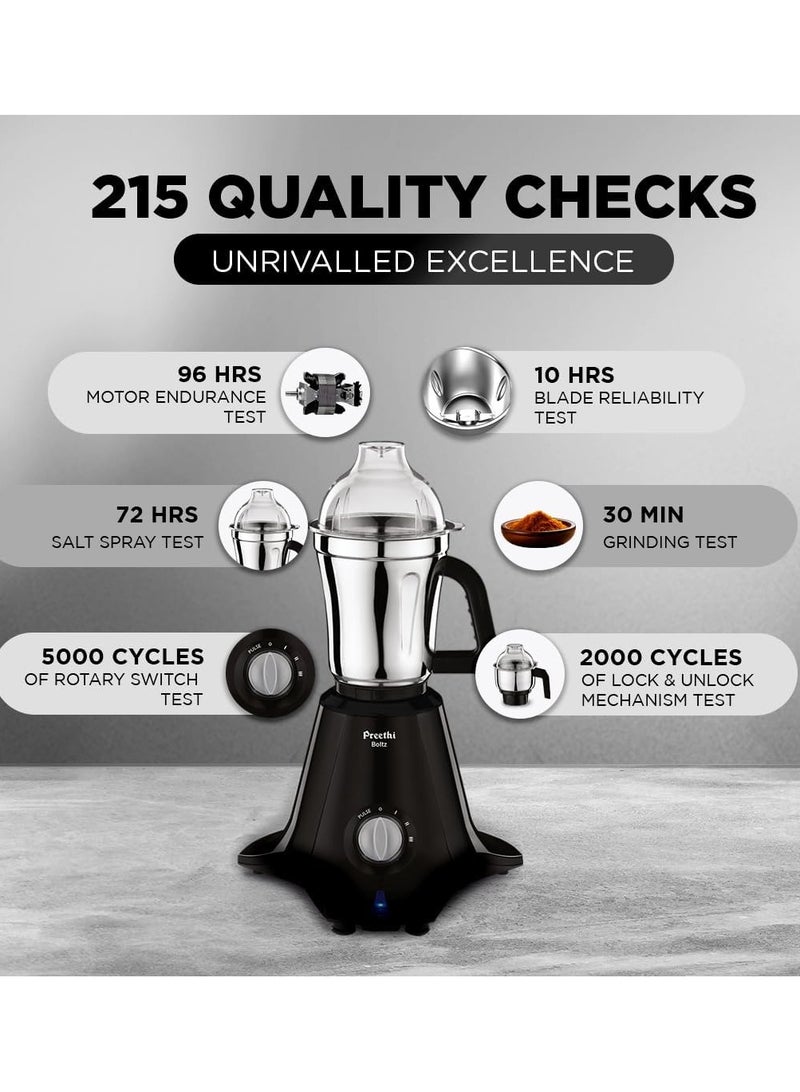 Preethi Boltz Mixer Grinder for Kitchen | 4 Jars Mixie| 3 Stainless Steel Jar & 1 Blender Jar for Milkshake,Smoothie,Puree 1.5 L 1000 W MG288 Black - Image 5