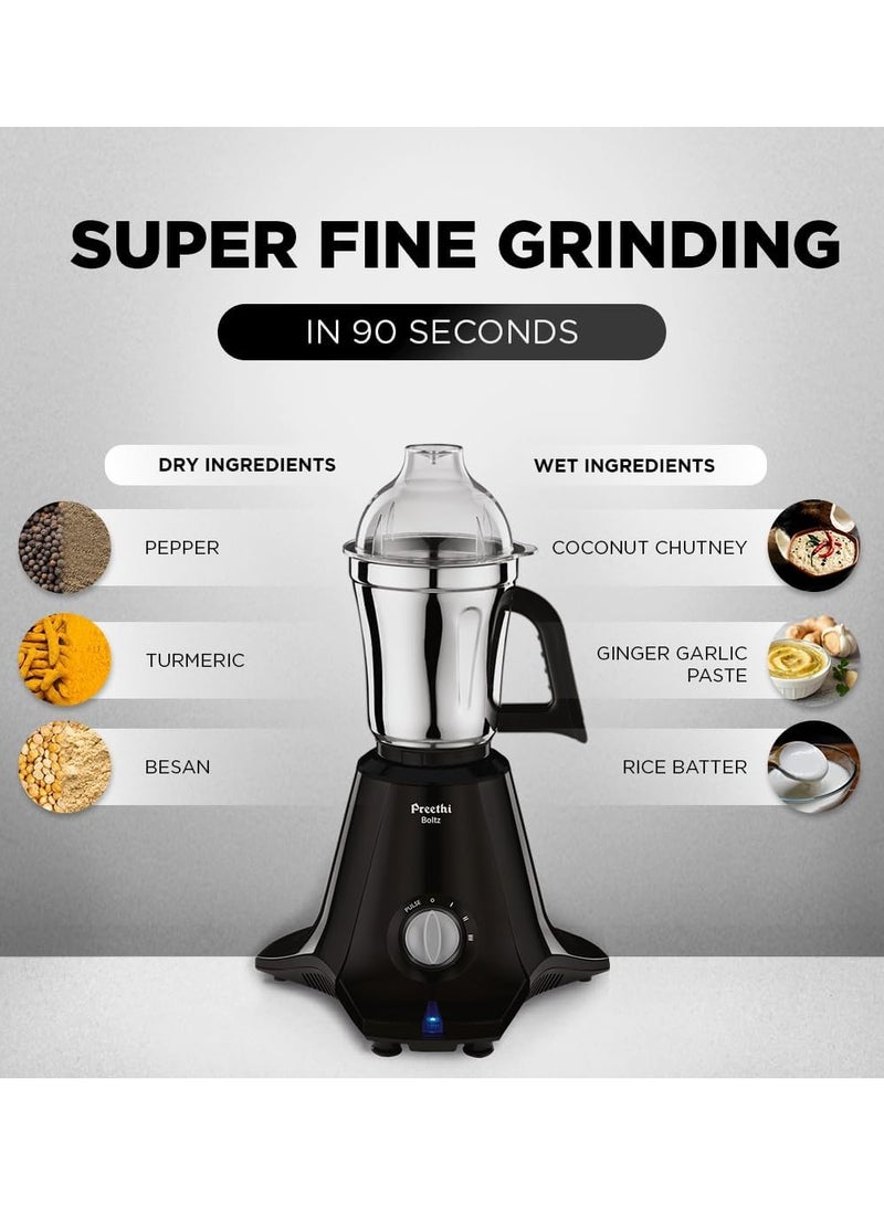 Preethi Boltz Mixer Grinder for Kitchen | 4 Jars Mixie| 3 Stainless Steel Jar & 1 Blender Jar for Milkshake,Smoothie,Puree 1.5 L 1000 W MG288 Black - Image 3