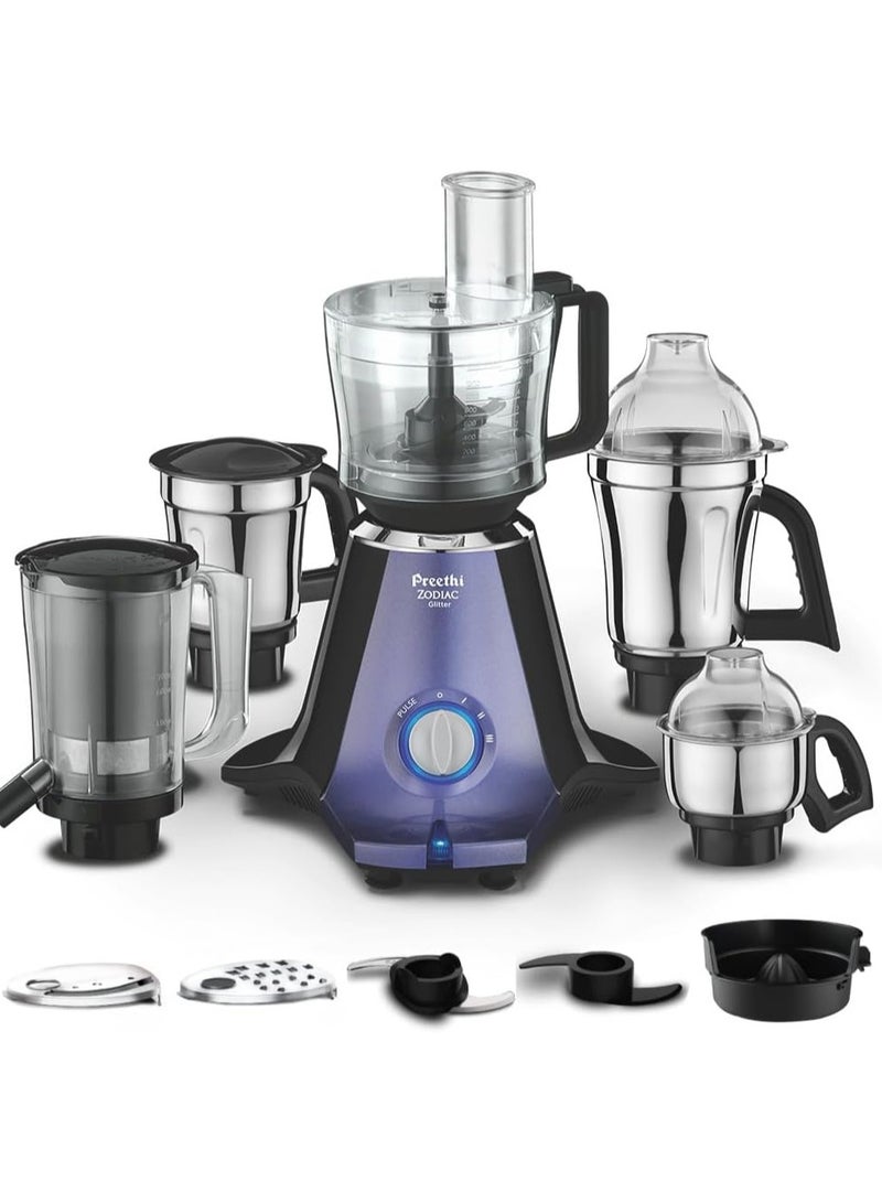 Preethi Zodiac Glitter Mixer Grinder, 5 Jars (3 Stainless steel Jars +1 Juicer Jar+1 Master Chef Plus Food processor Jar) 1.5 L 750 W MG264 Black/ Lavender - Image 1