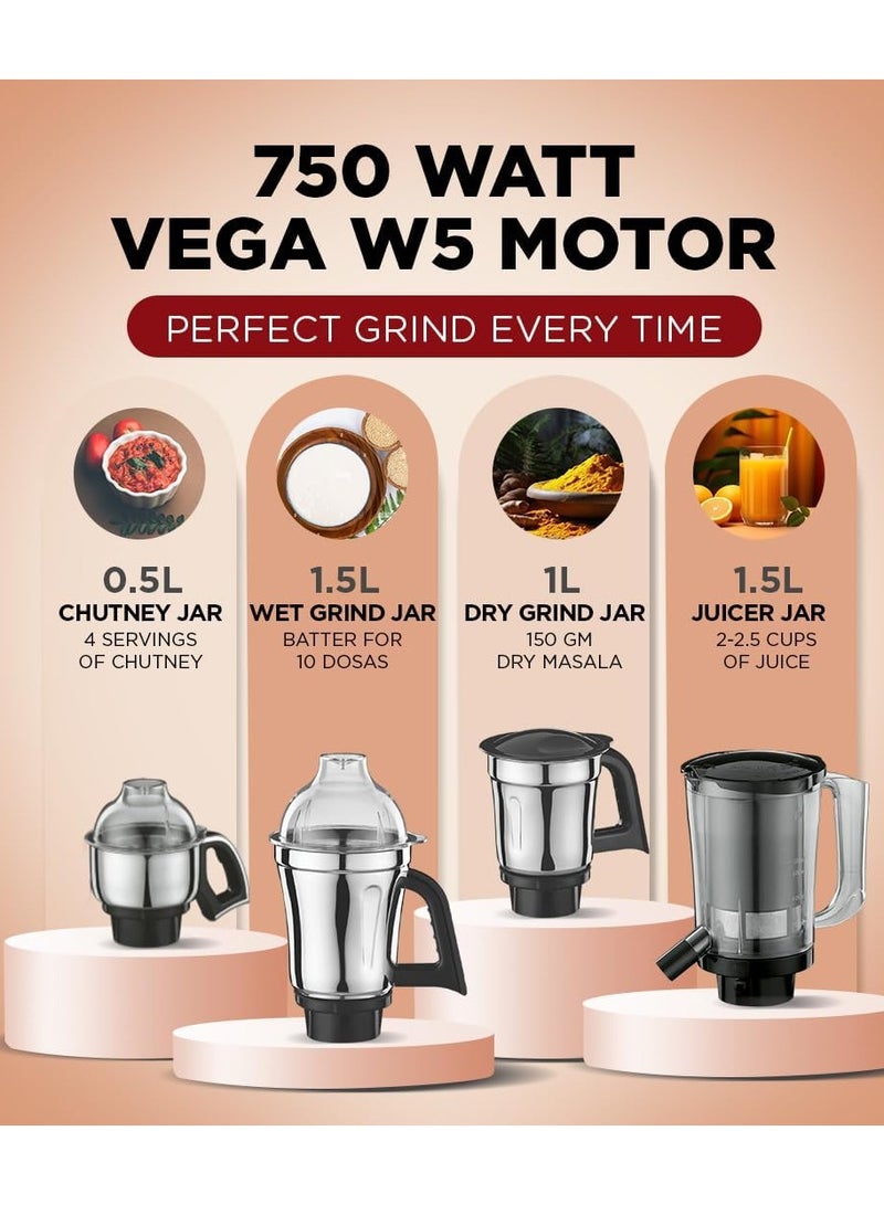 Preethi Zodiac Glitter Mixer Grinder, 5 Jars (3 Stainless steel Jars +1 Juicer Jar+1 Master Chef Plus Food processor Jar) 1.5 L 750 W MG264 Black/ Lavender - Image 3