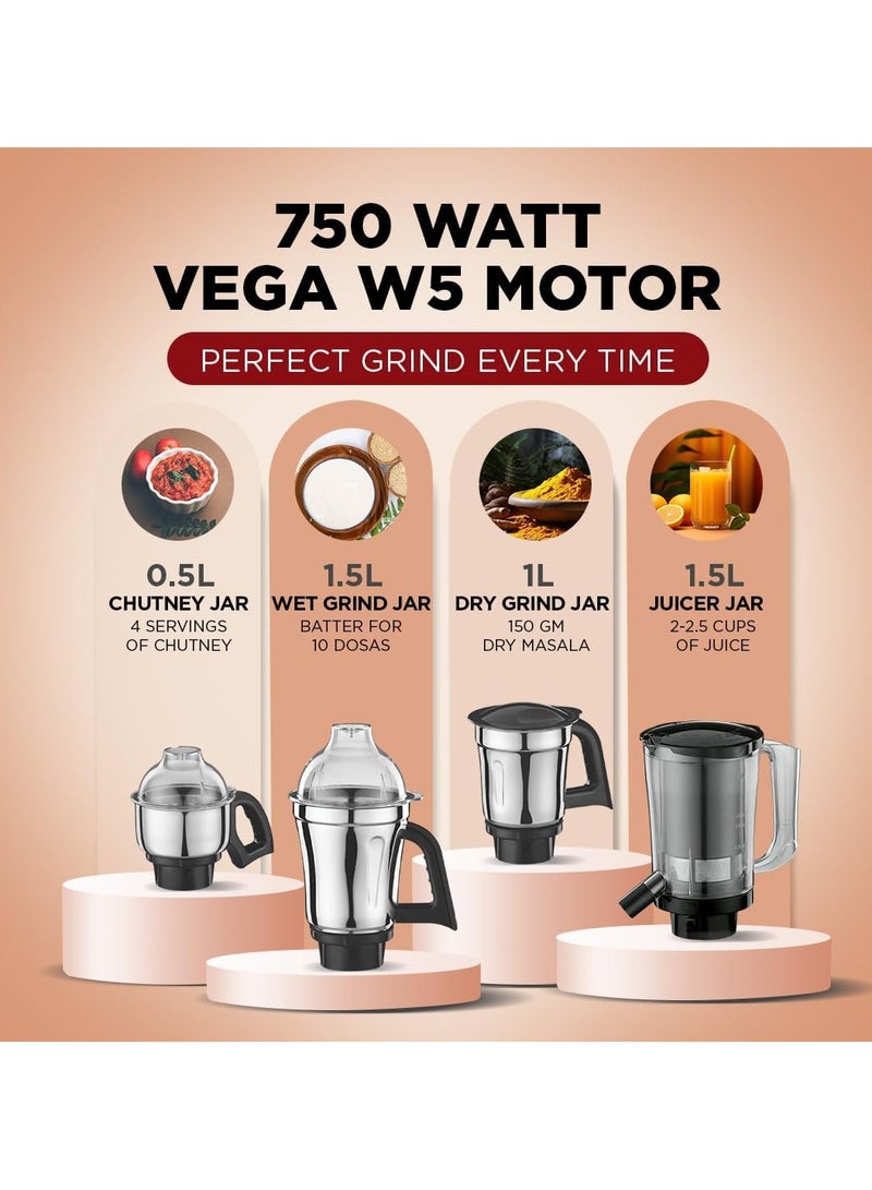 Preethi Zodiac Mixer Grinder for Kitchen, 5 Jars Mixie with Chutney Jar, Dry Grinding, Batter Grinding, Juicer & Masterchef Jar for chopping/grating 1.5 L 750 W MG261 Black - Image 5