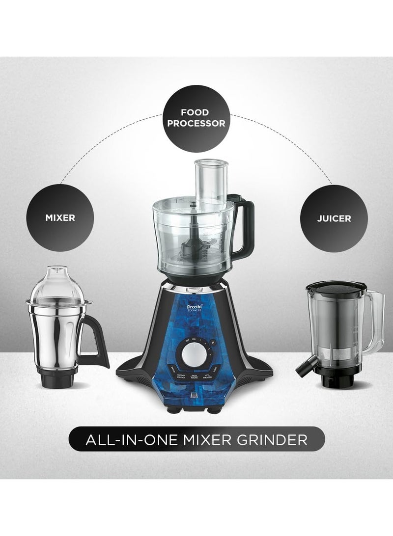 Preethi Zodiac 2.0 Mixer Grinder for Kitchen, 4 Jars Mixie - 2 Stainless steel Jars, Super Extractor Juicer Jar & Master Chef Food Processor Jar, 1.5 L 1000 W MG255 Black/ Blue - Image 2