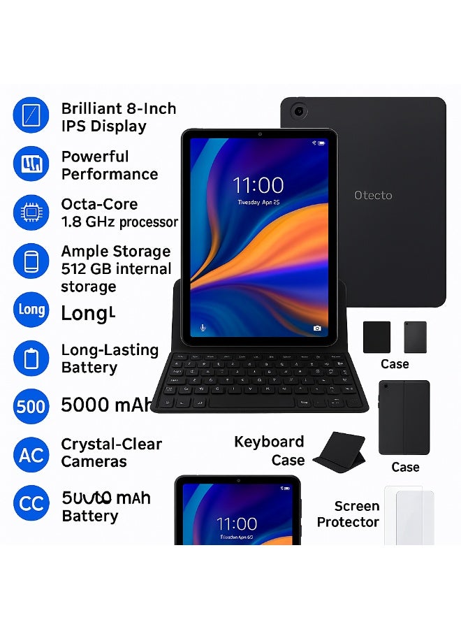 Oteeto TAB 8 – 8-Inch IPS Display | 8 GB RAM + 512 GB ROM | Android 13 | Octa-Core 1.8 GHz | 13 MP + 5 MP Dual Camera | 5000 mAh Battery | Dual SIM + 5G Connectivity | Free Keyboard + Case + OTG + Screen Protector - Purple - Image 4