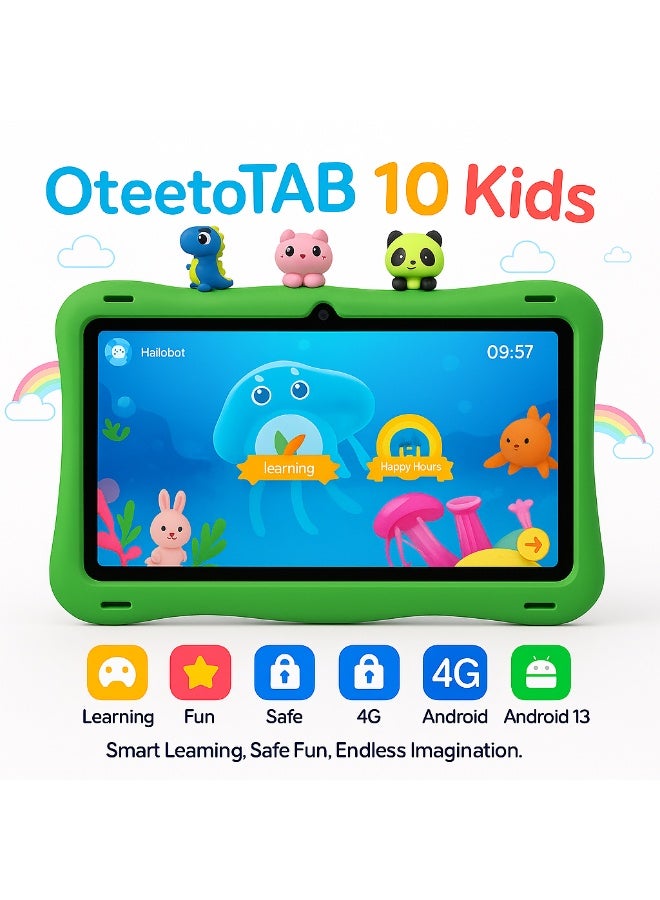 Oteeto TAB 10 Kids Tablet 10.1-Inch HD Display, Android 13, 6GB+128GB, 8000mAh, 4G LTE, Dual Camera, Shockproof Case with 5 Toys – Green - Image 4