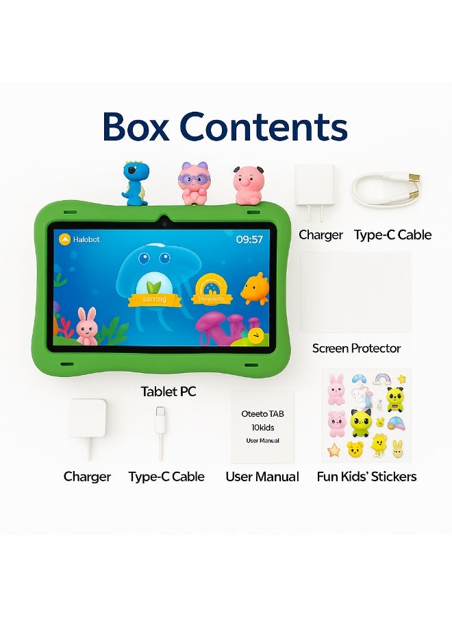 Oteeto TAB 10 Kids Tablet 10.1-Inch HD Display, Android 13, 6GB+128GB, 8000mAh, 4G LTE, Dual Camera, Shockproof Case with 5 Toys – Green - Image 5