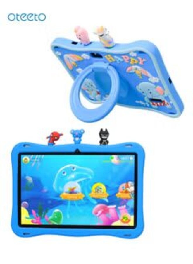 Oteeto TAB 10 Kids Tablet/10.1 Inch IPS/Octa Core 1.8 GHz Processor/6GB RAM + 128GB ROM/5MP Front + 8 MP Rear Camera/Single SIM 4G Network/8000 mAh/Android 13/Includes Sticker, Little Doll 5 pcs - Blue - Image 1