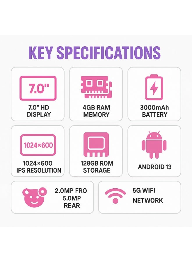 Oteeto K3 Kids Tablet 7-Inch HD Display | 4GB RAM + 128GB ROM | Android 13 | Dual Camera (2MP + 5MP) | 5G WiFi | EVA Protective Case with Free Lanyard, Bracelet And Stickers - Pink - Image 4