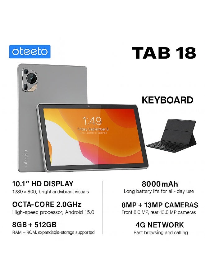 أوتيتو TAB 18 – 10.1-Inch HD Display | 8GB RAM + 512GB ROM | Android 15 | Octa-Core | 13MP + 8MP Camera | 8000mAh Battery | 4G LTE | Free Keyboard, Cover And Pen - Blue - Image 3