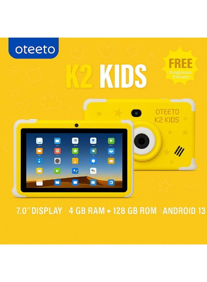 Oteeto K2 Kids Tablet | 7-Inch IPS Display | 4GB RAM + 128GB ROM | Android 13 | Dual Camera | Type-C Charging | Parental Mode | FREE Sunglasses And Stickers - Yellow - Image 4