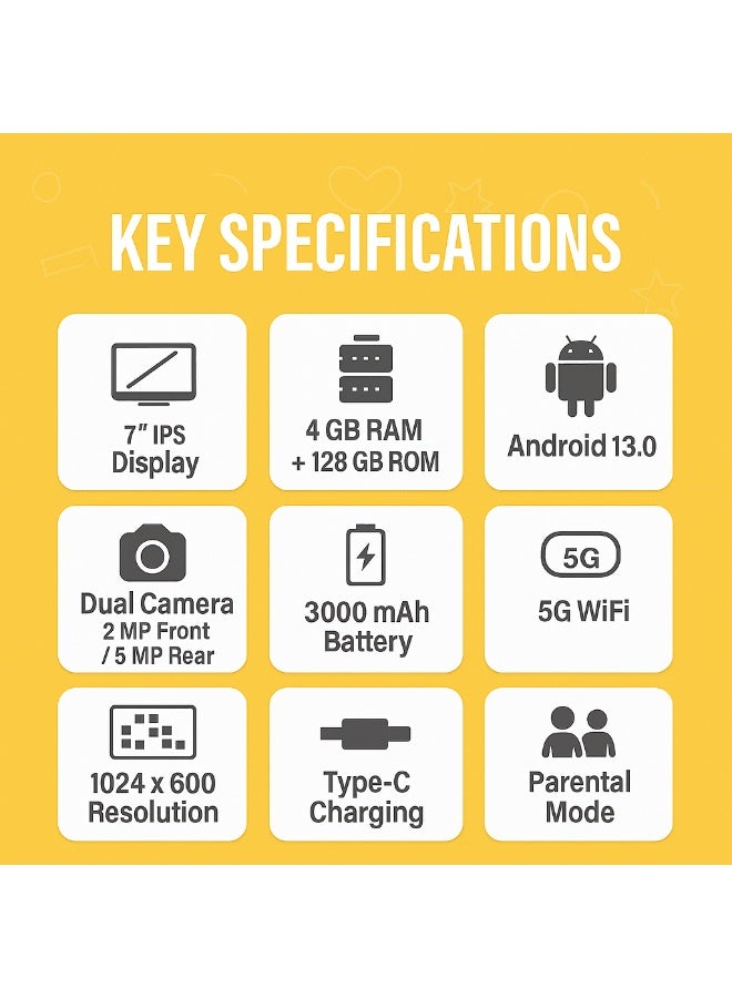 Oteeto K2 Kids Tablet | 7-Inch IPS Display | 4GB RAM + 128GB ROM | Android 13 | Dual Camera | Type-C Charging | Parental Mode | FREE Sunglasses And Stickers - Yellow - Image 5
