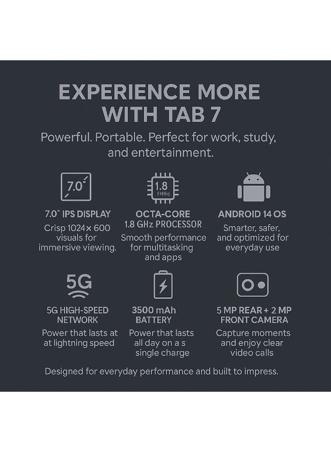 أوتيتو TAB 7 Android 14 Tablet 7.0-Inch IPS Display | 8 GB RAM + 256 GB ROM | Octa-Core 1.8 GHz Processor | 5 G Wi-Fi | 3500 mAh Battery | 5 MP Rear + 2 MP Front Camera | Free Keyboard + Mouse + Case | Grey - Image 3