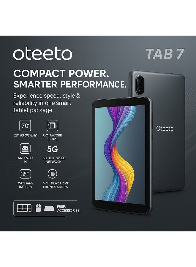 أوتيتو TAB 7 Android 14 Tablet 7.0-Inch IPS Display | 8 GB RAM + 256 GB ROM | Octa-Core 1.8 GHz Processor | 5 G Wi-Fi | 3500 mAh Battery | 5 MP Rear + 2 MP Front Camera | Free Keyboard + Mouse + Case | Grey - Image 2