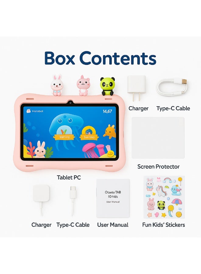 Oteeto TAB 10 Kids Tablet 10.1-Inch HD Display, Android 13, 6GB+128GB, 8000mAh, 4G LTE, Dual Camera, Shockproof Case with 5 Toys – Pink - Image 5