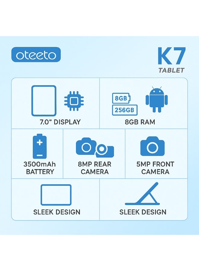 Oteeto K7 7-Inch Android 13 Tablet, 8GB RAM, 256GB ROM, Octa-Core Processor, 8MP + 5MP Dual Camera, 3500mAh Battery, WiFi, Sleek Design – Grey - Image 3