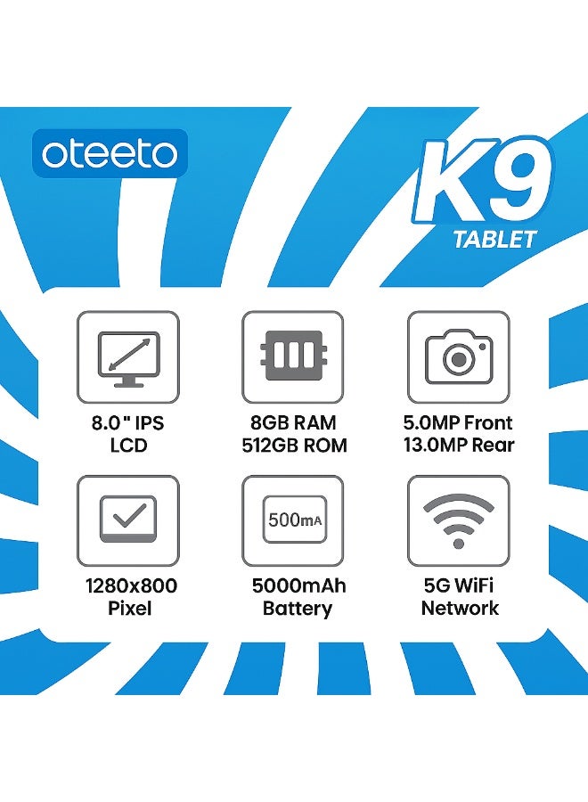 Oteeto K9 8.0-Inch Tablet 8GB RAM + 512GB ROM | Android 13 | Octa-Core | 8.0-Inch IPS Display | 5000mAh Battery | 13MP Rear + 5MP Front Camera | 5G Call And WiFi - Purple - Image 5