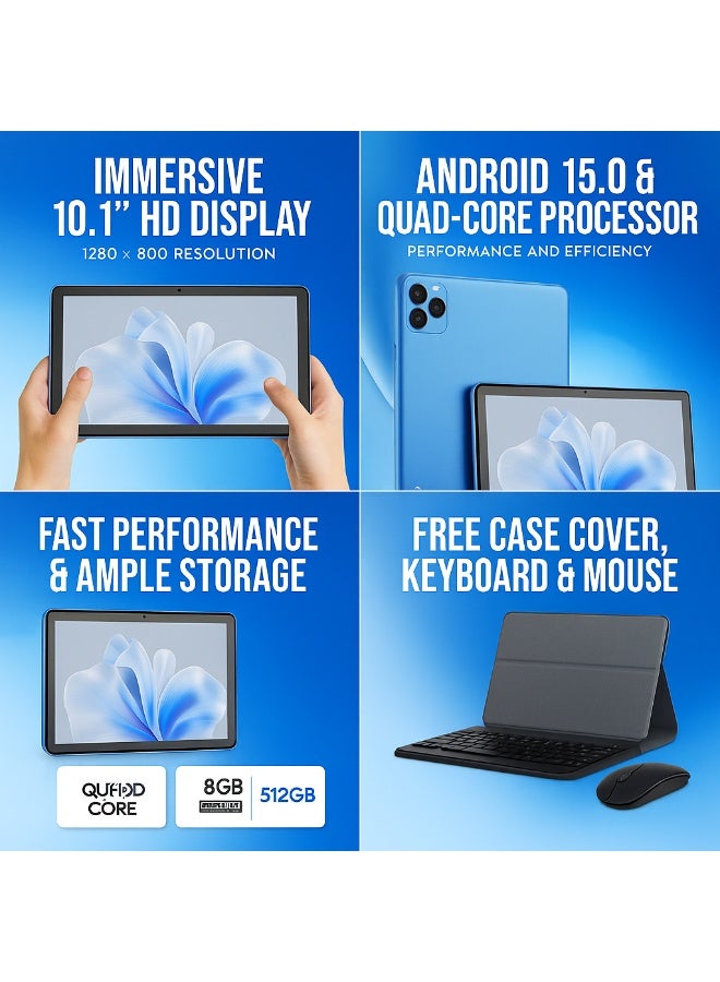 Oteeto TAB 10 Pro Plus (Blue) – 10.1” HD Display | 8GB RAM + 512GB ROM | Android 15 | Quad-Core | 13MP + 8MP Camera | 8000mAh Battery | WiFi + SIM | Free Keyboard, Cover & Pen - Image 2