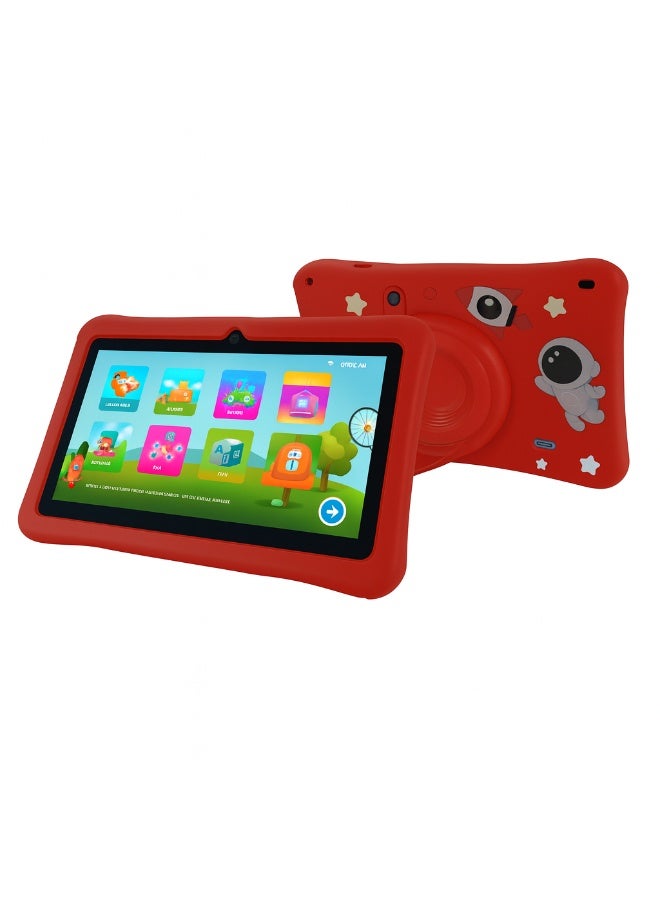 Oteeto K3 Kids Tablet 7-Inch HD Display | 4GB RAM + 128GB ROM | Android 13 | Dual Camera (2MP + 5MP) | 5G WiFi | EVA Protective Case with Free Lanyard, Bracelet And Stickers - Red - Image 1