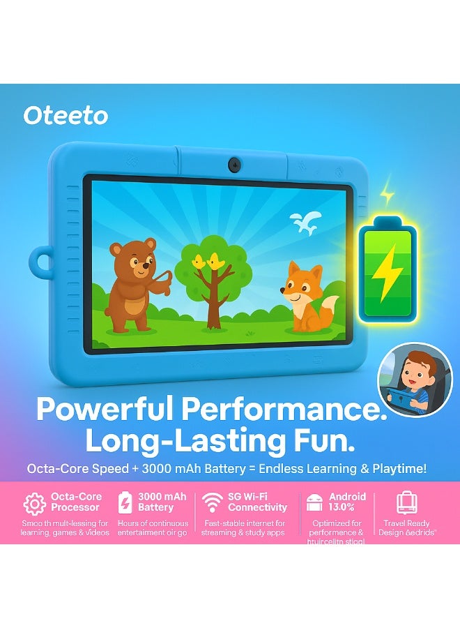 Oteeto TAB 5 Kids Tablet – 7-Inch IPS Display, 4GB RAM + 128GB ROM, Android 13, Octa-Core, 5G Wi-Fi, 3000 mAh Battery with Cute Doll Gift - Blue - Image 4