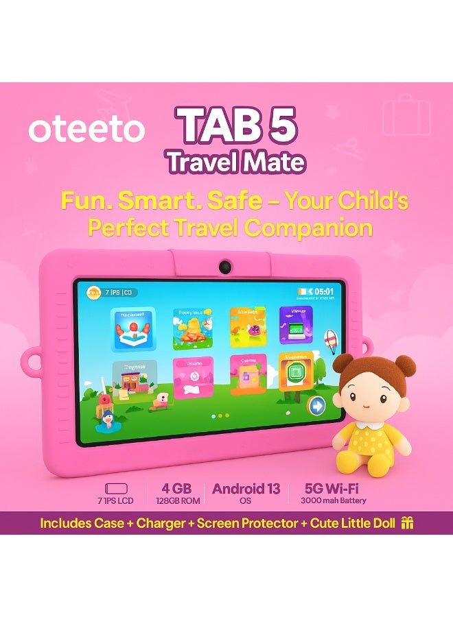 أوتيتو TAB 5 Kids Tablet – 7-Inch IPS Display, 4GB RAM + 128GB ROM, Android 13, Octa-Core, 5G Wi-Fi, 3000 mAh Battery with Cute Doll Gift - Pink - Image 3
