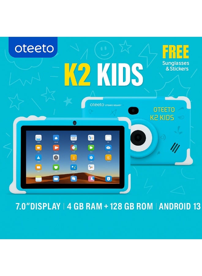 Oteeto K2 Kids Tablet | 7-Inch IPS Display | 4GB RAM + 128GB ROM | Android 13 | Dual Camera | Type-C Charging | Parental Mode | FREE Sunglasses And Stickers - Blue - Image 4