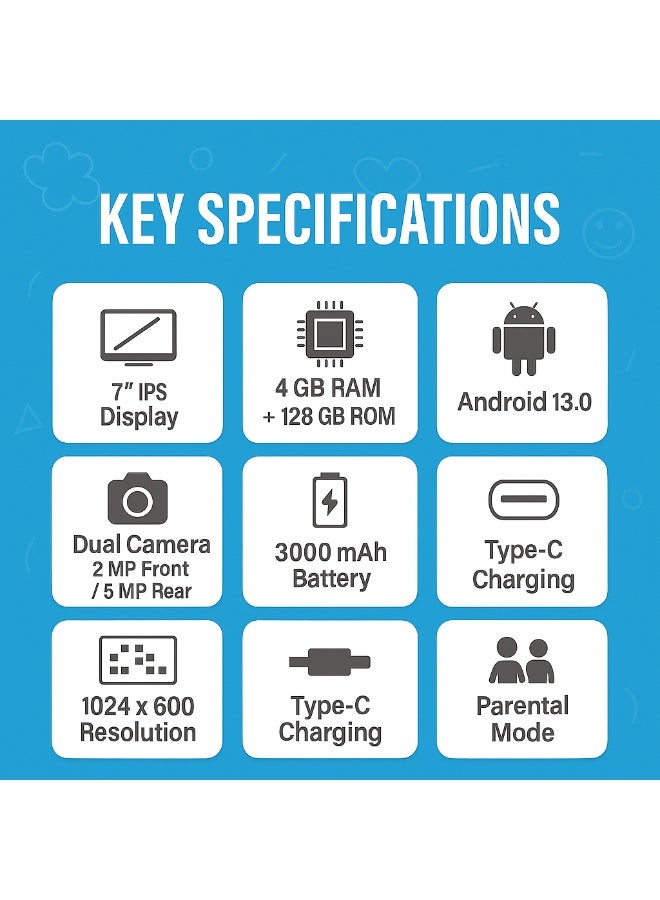 Oteeto K2 Kids Tablet | 7-Inch IPS Display | 4GB RAM + 128GB ROM | Android 13 | Dual Camera | Type-C Charging | Parental Mode | FREE Sunglasses And Stickers - Blue - Image 5