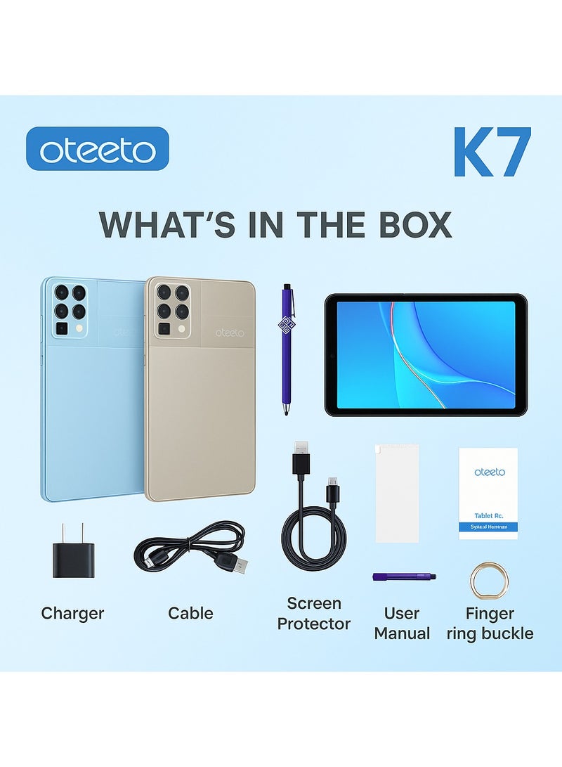 Oteeto K7 7-Inch Android 13 Tablet, 8GB RAM, 256GB ROM, Octa-Core Processor, 8MP + 5MP Dual Camera, 3500mAh Battery, WiFi, Sleek Design – Blue - Image 4
