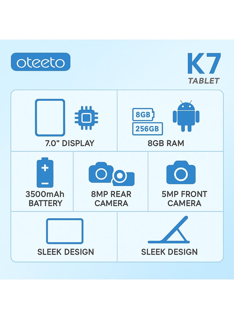 Oteeto K7 7-Inch Android 13 Tablet, 8GB RAM, 256GB ROM, Octa-Core Processor, 8MP + 5MP Dual Camera, 3500mAh Battery, WiFi, Sleek Design – Blue - Image 3