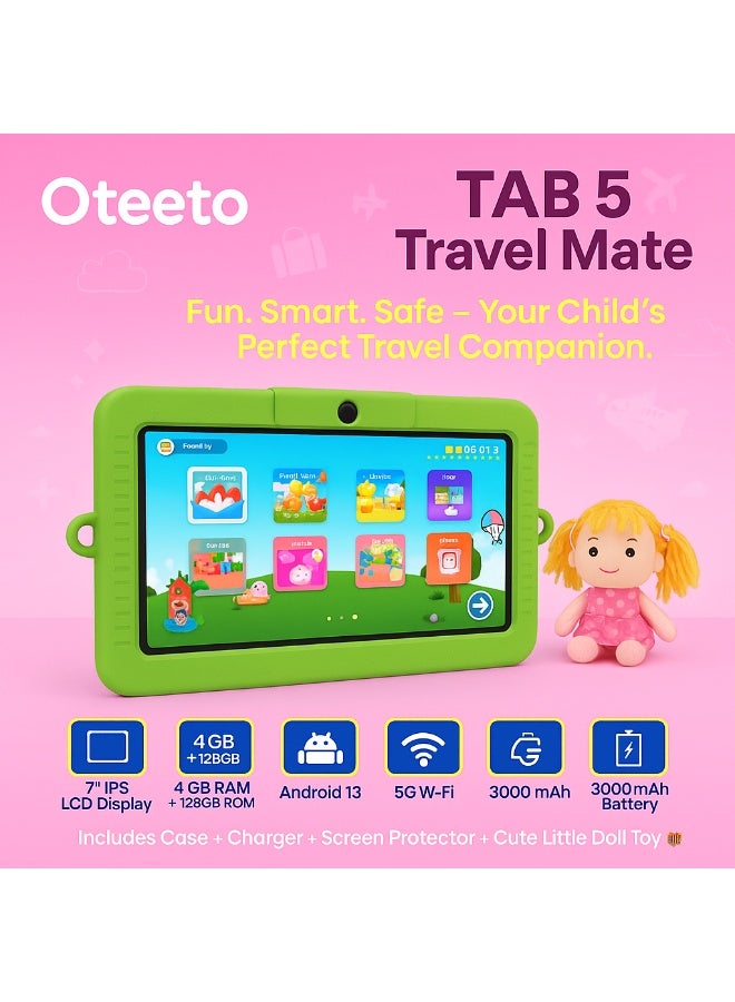 Oteeto TAB 5 Kids Tablet – 7-Inch IPS Display, 4GB RAM + 128GB ROM, Android 13, Octa-Core, 5G Wi-Fi, 3000 mAh Battery with Cute Doll Gift - Green - Image 3