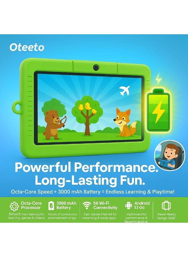 Oteeto TAB 5 Kids Tablet – 7-Inch IPS Display, 4GB RAM + 128GB ROM, Android 13, Octa-Core, 5G Wi-Fi, 3000 mAh Battery with Cute Doll Gift - Green - Image 4