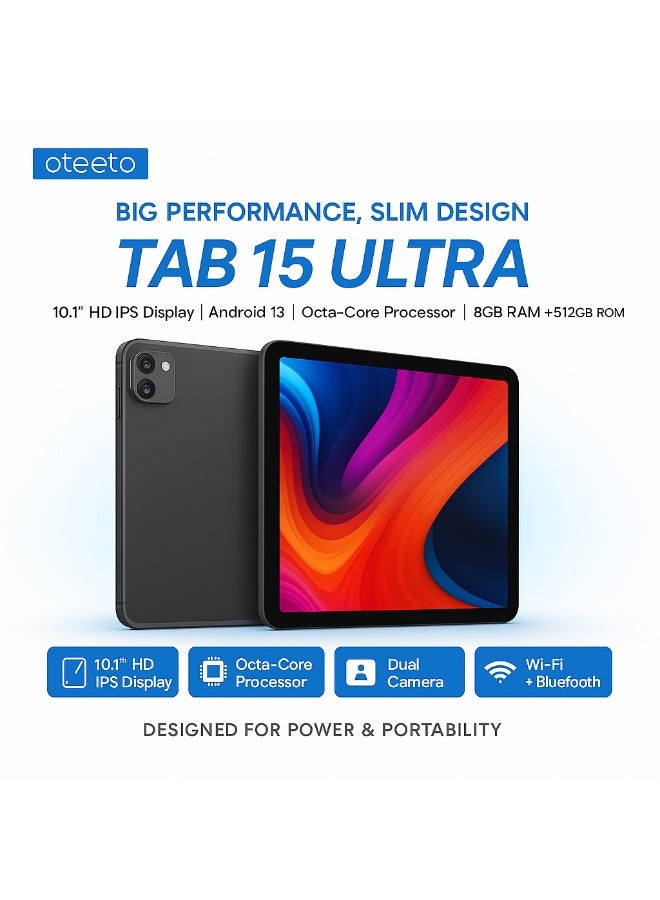 Oteeto TAB 15 ULTRA – 10.1-Inch HD IPS Display | 8GB RAM + 512GB ROM | Android 13 | Octa-Core Processor | 6000mAh Battery | 5G Dual SIM + Wi-Fi | Dual Camera | Metal Body Tablet with Keyboard And Pen - Grey - Image 4