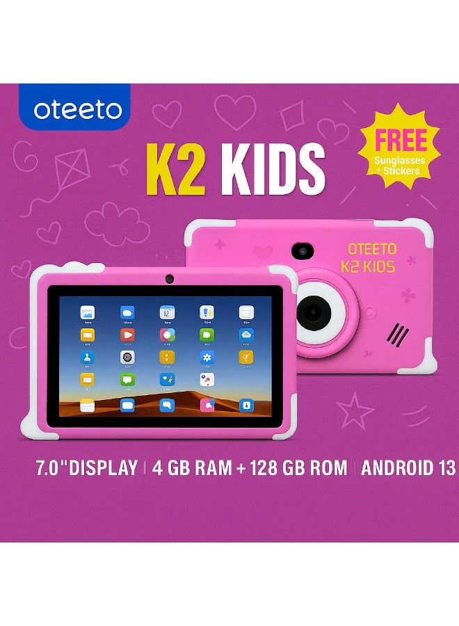 أوتيتو K2 Kids Tablet | 7-Inch IPS Display | 4GB RAM + 128GB ROM | Android 13 | Dual Camera | Type-C Charging | Parental Mode | FREE Sunglasses And Stickers - Pink - Image 4