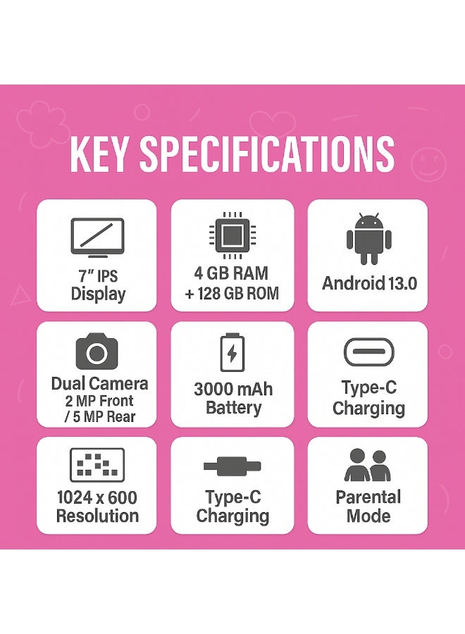 أوتيتو K2 Kids Tablet | 7-Inch IPS Display | 4GB RAM + 128GB ROM | Android 13 | Dual Camera | Type-C Charging | Parental Mode | FREE Sunglasses And Stickers - Pink - Image 5
