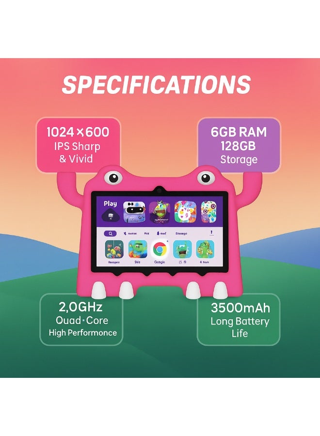 Oteeto Tab 73 Kids Tablet – 7.0-Inch IPS Display | 6GB RAM + 128GB ROM | 2.0GHz Quad-Core | 3500mAh Battery | WiFi | Android 13 | Shockproof EVA Case - Pink - Image 2