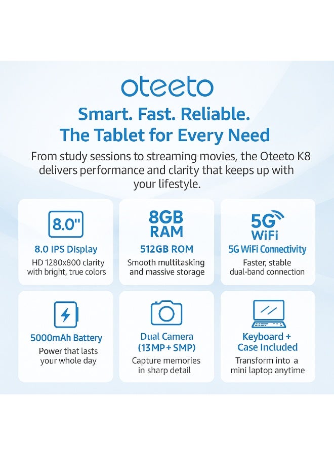Oteeto K8 – 8-Inch Android 13 Tablet | 8GB RAM + 512GB ROM | 5G WiFi | Dual Camera | 5000mAh Battery | Free Keyboard And Case - Blue - Image 3