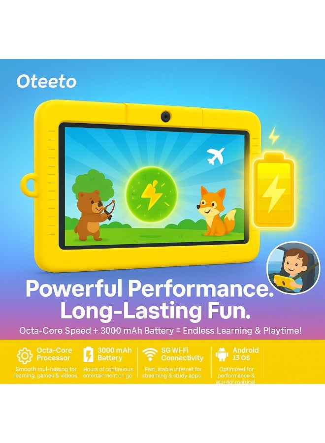 Oteeto TAB 5 Kids Tablet – 7-Inch IPS Display, 4GB RAM + 128GB ROM, Android 13, Octa-Core, 5G Wi-Fi, 3000 mAh Battery with Cute Doll Gift - Yellow - Image 4