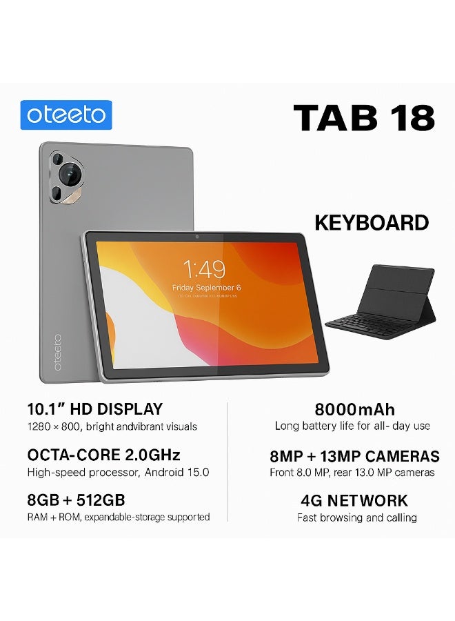 Oteeto TAB 18 – 10.1-Inch HD Display | 8GB RAM + 512GB ROM | Android 15 | Octa-Core | 13MP + 8MP Camera | 8000mAh Battery | 4G LTE | Free Keyboard, Cover And Pen - Grey - Image 4
