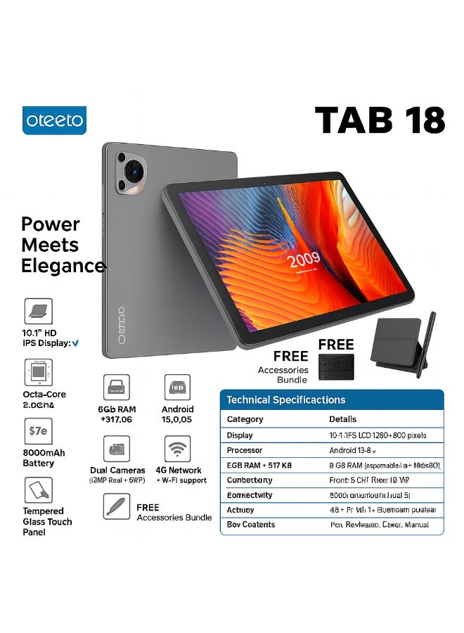 Oteeto TAB 18 – 10.1-Inch HD Display | 8GB RAM + 512GB ROM | Android 15 | Octa-Core | 13MP + 8MP Camera | 8000mAh Battery | 4G LTE | Free Keyboard, Cover And Pen - Grey - Image 3