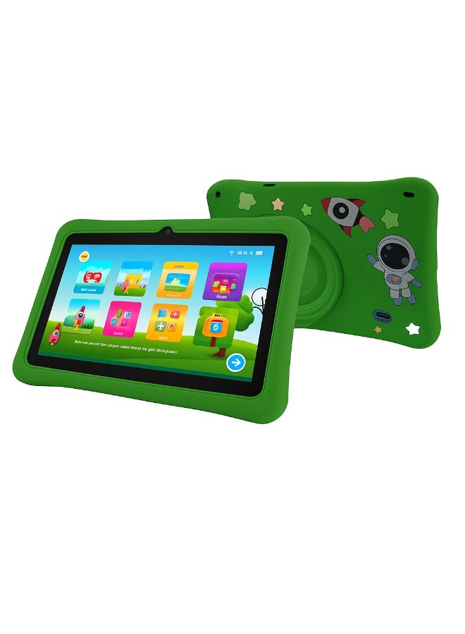 Oteeto K3 Kids Tablet 7-Inch HD Display | 4GB RAM + 128GB ROM | Android 13 | Dual Camera (2MP + 5MP) | 5G WiFi | EVA Protective Case with Free Lanyard, Bracelet And Stickers - Green - Image 1