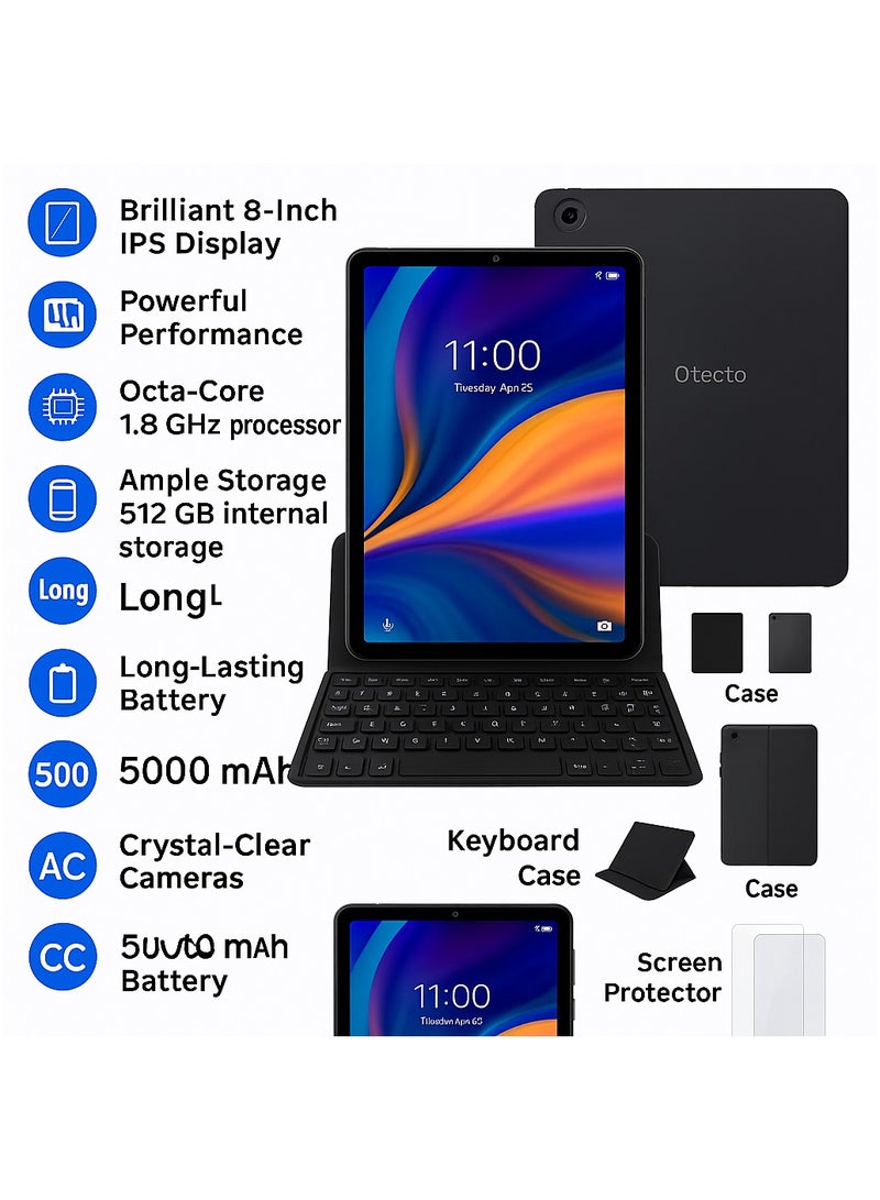 Oteeto TAB 8 – 8-Inch IPS Display | 8 GB RAM + 512 GB ROM | Android 13 | Octa-Core 1.8 GHz | 13 MP + 5 MP Dual Camera | 5000 mAh Battery | Dual SIM + 5G Connectivity | Free Keyboard + Case + OTG + Screen Protector - Blue - Image 4