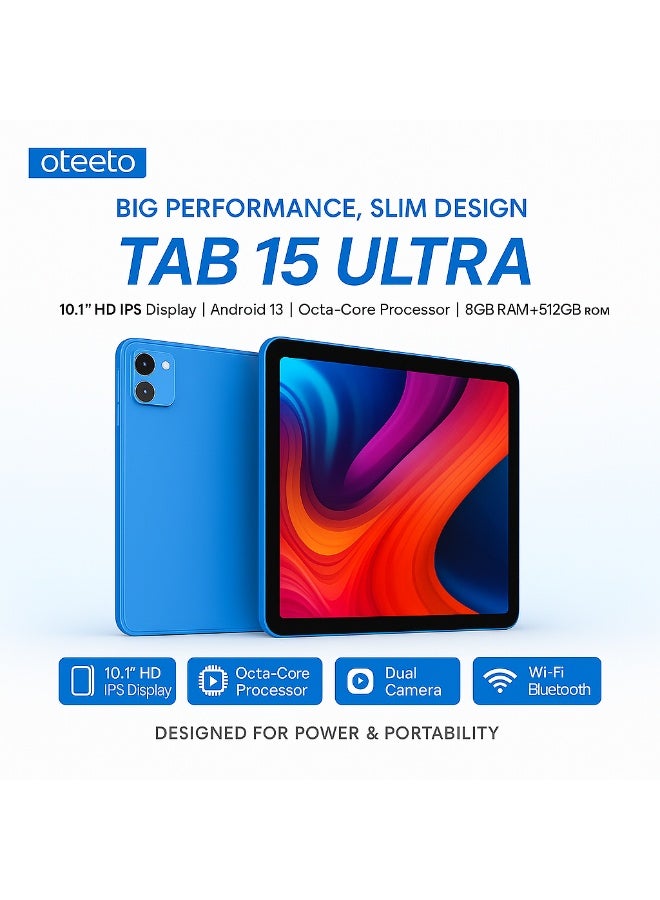 أوتيتو TAB 15 ULTRA – 10.1-Inch HD IPS Display | 8GB RAM + 512GB ROM | Android 13 | Octa-Core Processor | 6000mAh Battery | 5G Dual SIM + Wi-Fi | Dual Camera | Metal Body Tablet with Keyboard And Pen - Blue - Image 4